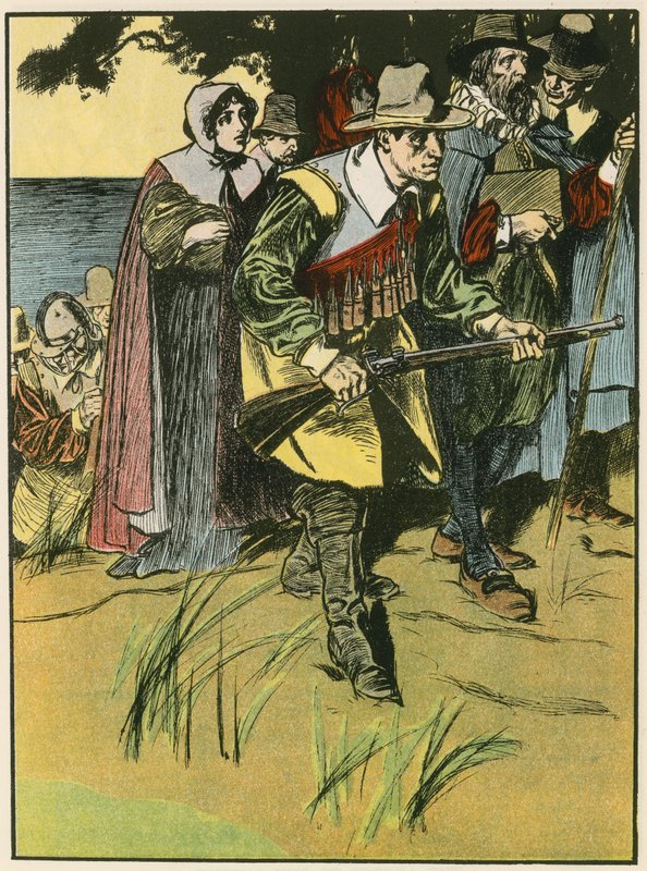 De Pelgrimvaders gaan de Nieuwe Wereld binnen (kleurenlitho) door Thomas Heath Robinson