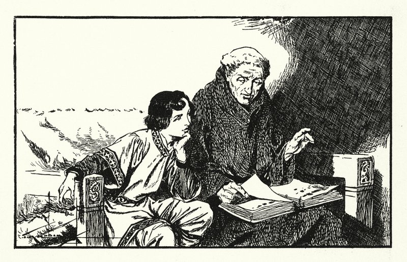 De toekomstige koning Alfred krijgt een opleiding (litho) door Thomas Heath Robinson