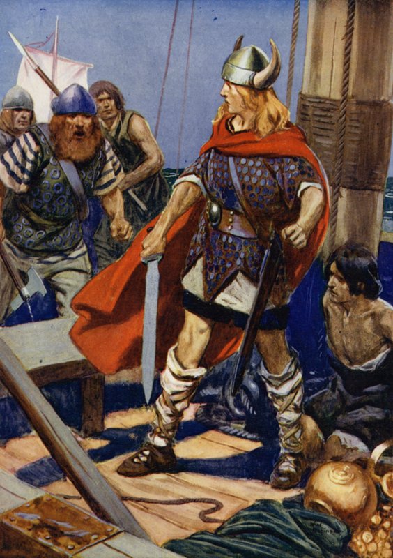 De roeiboot klapperde langszij, en daaruit sprong Guldred de Wolf, met Ulgar en een ander om hem te ondersteunen: scène uit De bestorming van Rovan Hold (kleurenlitho) door Thomas Heath Robinson
