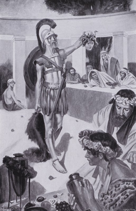 Toen hield Perseus . .. het hoofd van de Gorgon omhoog (litho) door Thomas Heath Robinson
