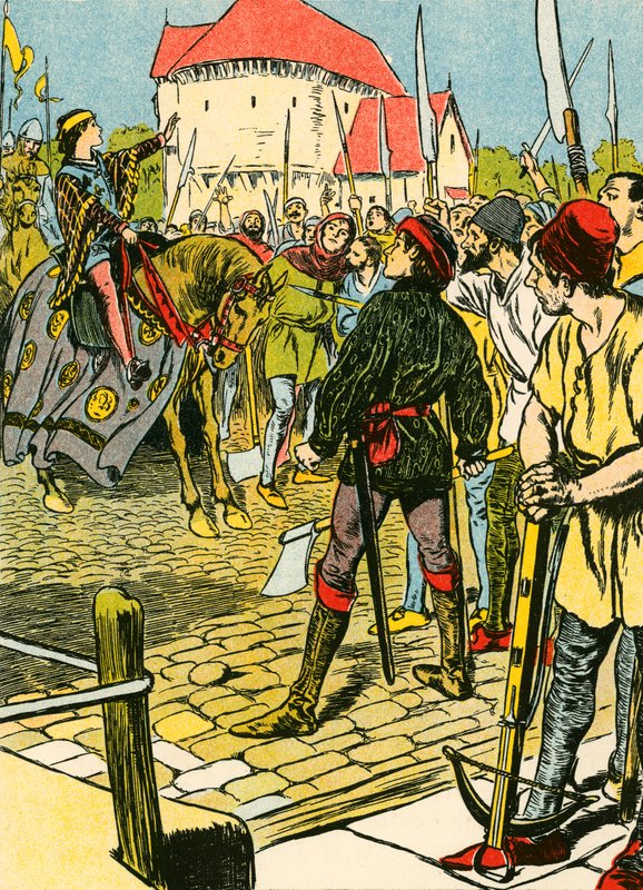 De jonge koning Richard neerslaat de opstand (kleurenlitho) door Thomas Heath Robinson