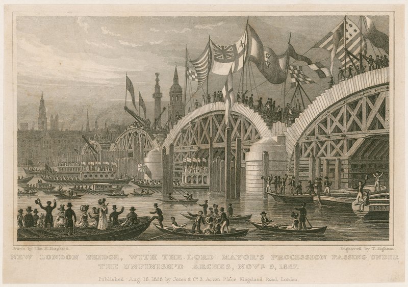 Bouw van de nieuwe London Bridge, 9 november 1827 door Thomas Hosmer Shepherd