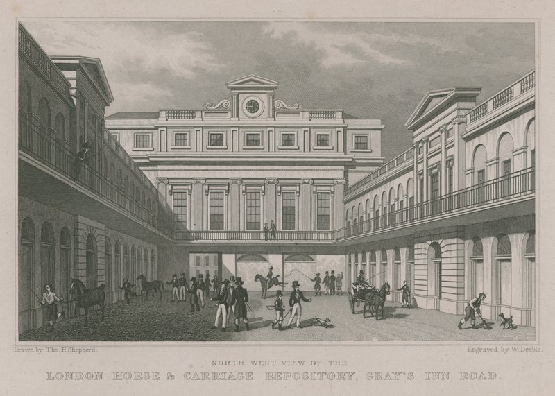 Noordwest uitzicht op de London Horse and Carriage Repository, Gray