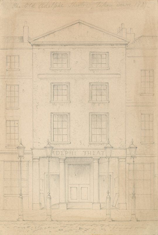 Originele potloodschets van het Adelphi Theatre, Londen, door Thomas H Shepherd door Thomas Hosmer Shepherd