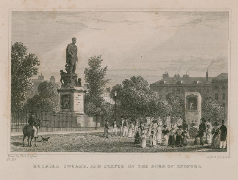 Russell Square en standbeeld van de hertog van Bedford door Thomas Hosmer Shepherd