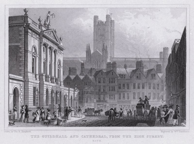 Het Guildhall en de Kathedraal, vanaf de High Street, Bath door Thomas Hosmer Shepherd