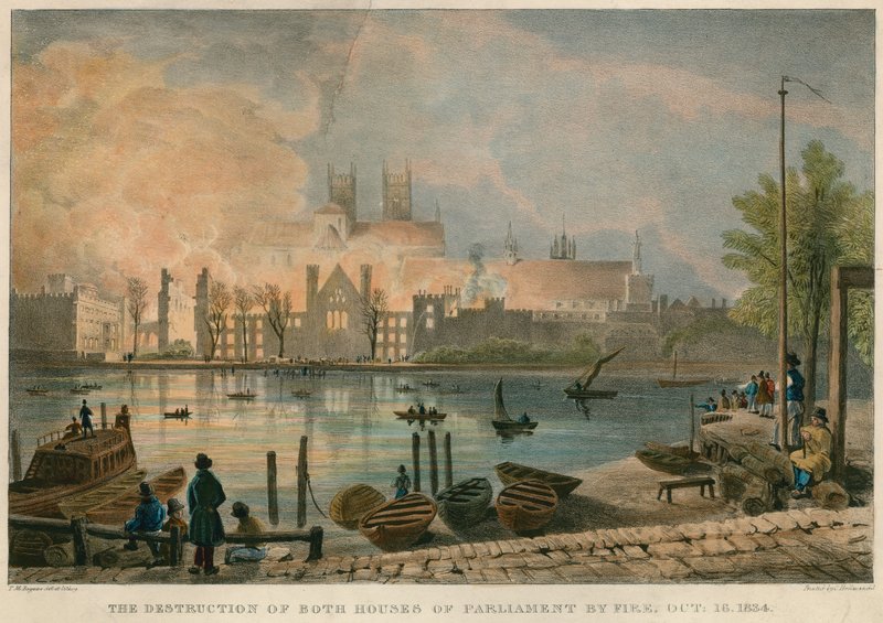 De verwoesting door brand van de Houses of Parliament op 16 oktober 1834 door Thomas Mann Baynes