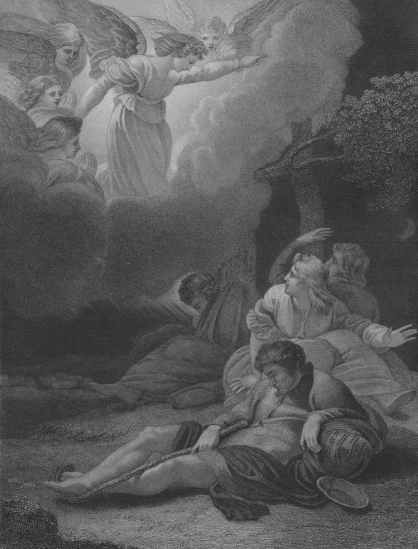 De Engelen Verschijnen aan de Herders, Lucas 2, Vers 8-21 door Thomas Stothard