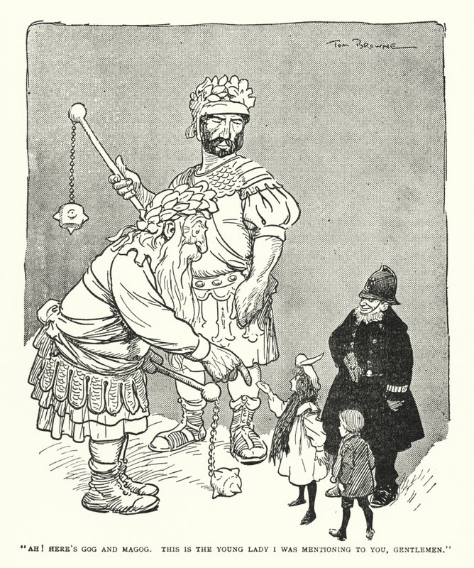 "Ah! Hier zijn Gog en Magog, Dit is de jonge dame die ik u noemde, heren" (litho) door Tom Browne