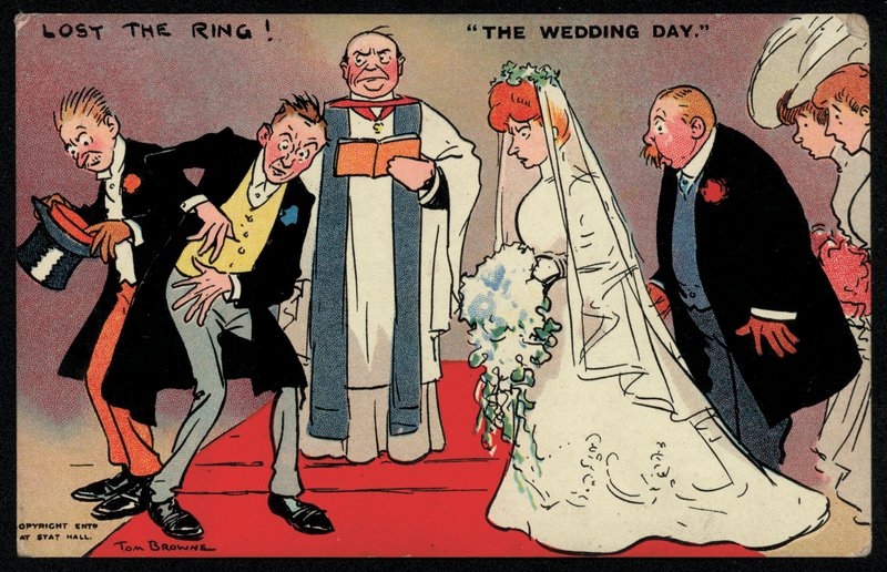 Bruidegom en getuige kunnen de ring niet vinden op een bruiloft (chromolitho) door Tom Browne