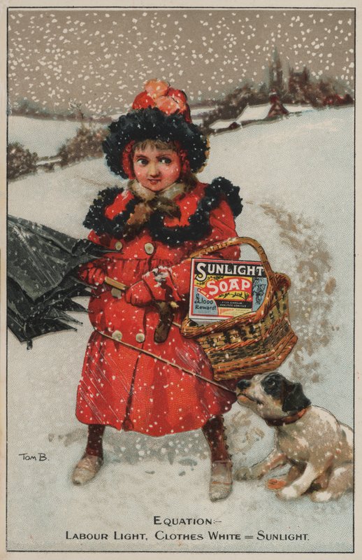 Meisje dat naar huis loopt in de sneeuw: advertentie voor Sunlight zeep (chromolitho) door Tom Browne