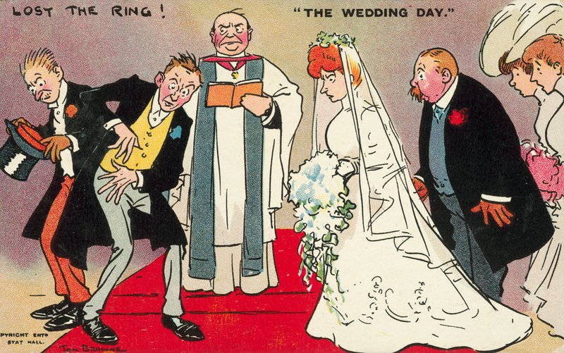 Bruidegom en zijn getuige kunnen de ring niet vinden op de trouwdag (kleur litho) door Tom Browne