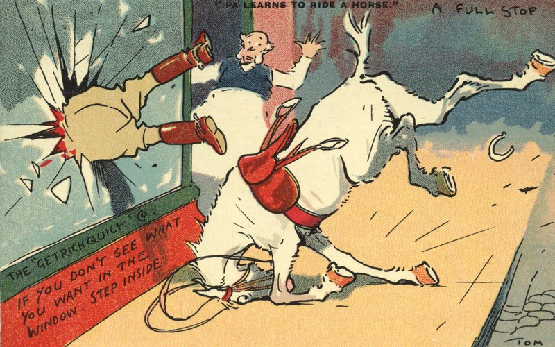 Man uit een raam geworpen door een paard door Tom Browne