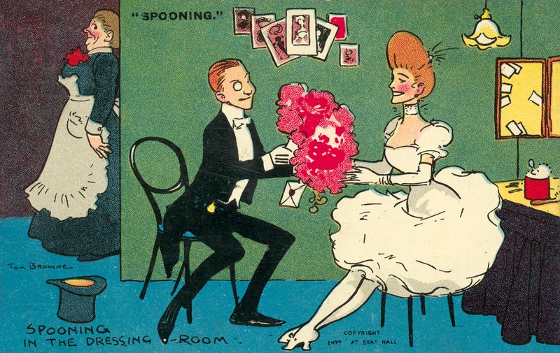 Flirten in de kleedkamer (chromolitho) door Tom Browne
