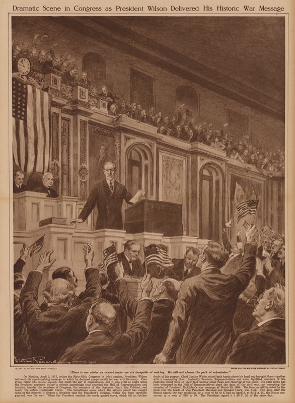 Amerikaanse president Woodrow Wilson vraagt het Congres om de oorlog aan Duitsland te verklaren door V. Perard
