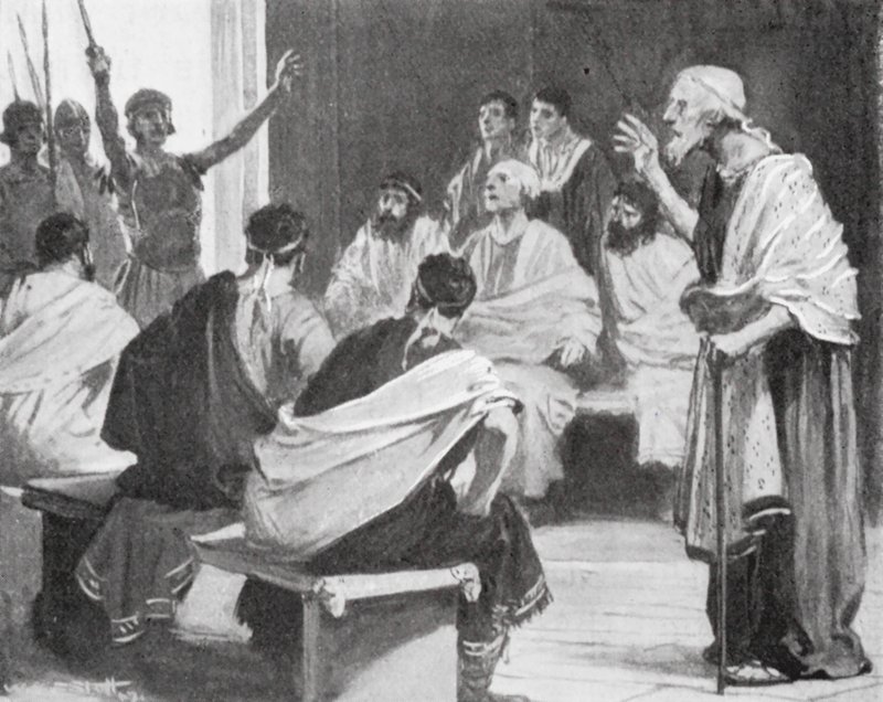 Romulus brengt nieuws aan zijn grootvader dat hij weer koning van Alba was (litho) door W.R.S. (after) Stott