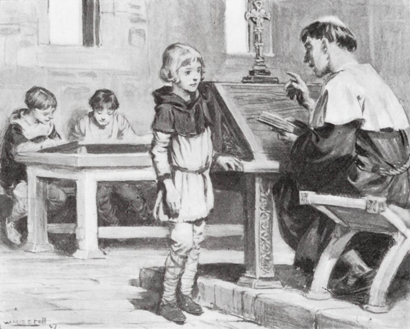 Jonge Cuthbert op school (litho) door W.R.S. (after) Stott