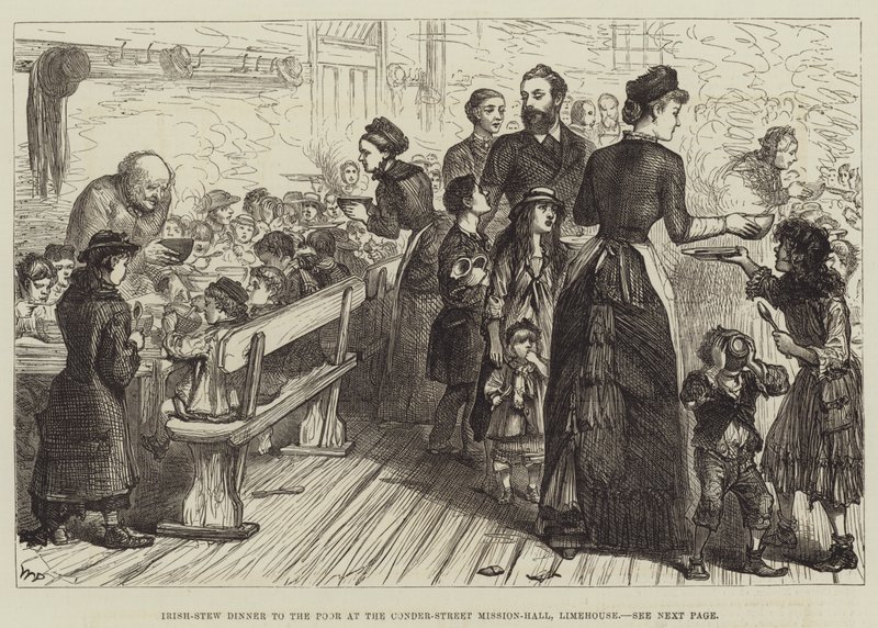 Ierse Stoofpot Maaltijd voor de Armen in de Conder-Street Mission-Hall, Limehouse door Walter Paget