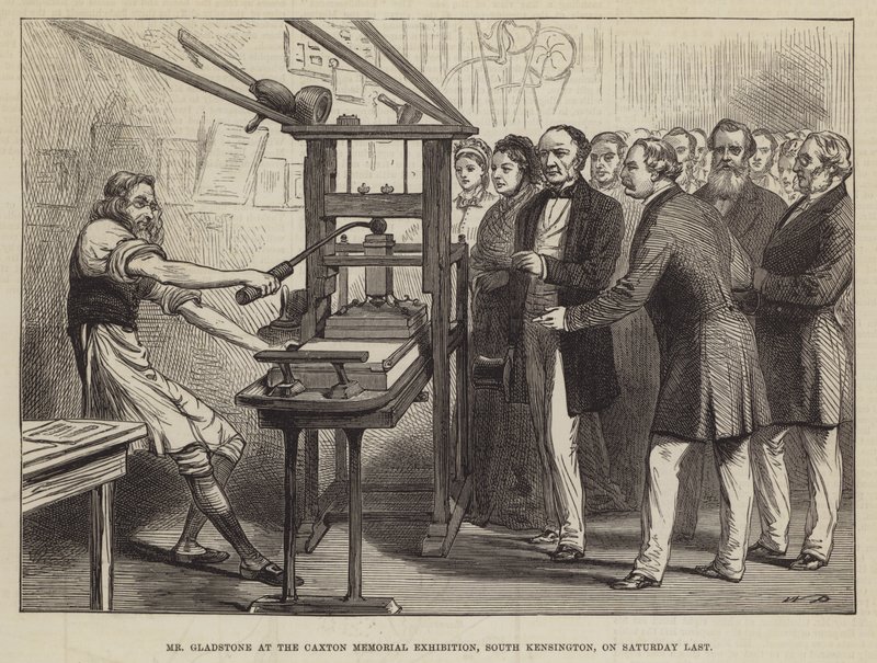 Mr Gladstone bij de Caxton Memorial Tentoonstelling, South Kensington, afgelopen zaterdag door Walter Paget