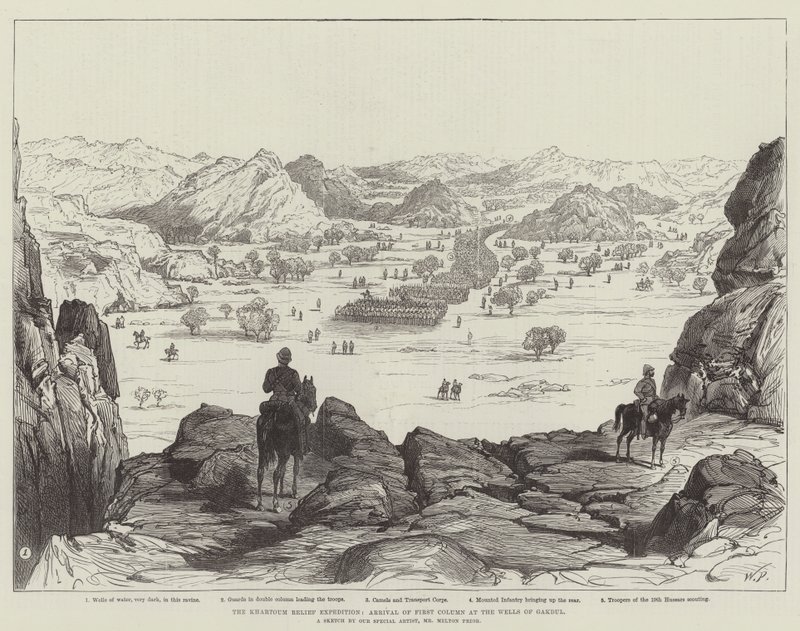 De Khartoum Relief Expedition, aankomst van de eerste colonne bij de putten van Gakdul door Walter Paget
