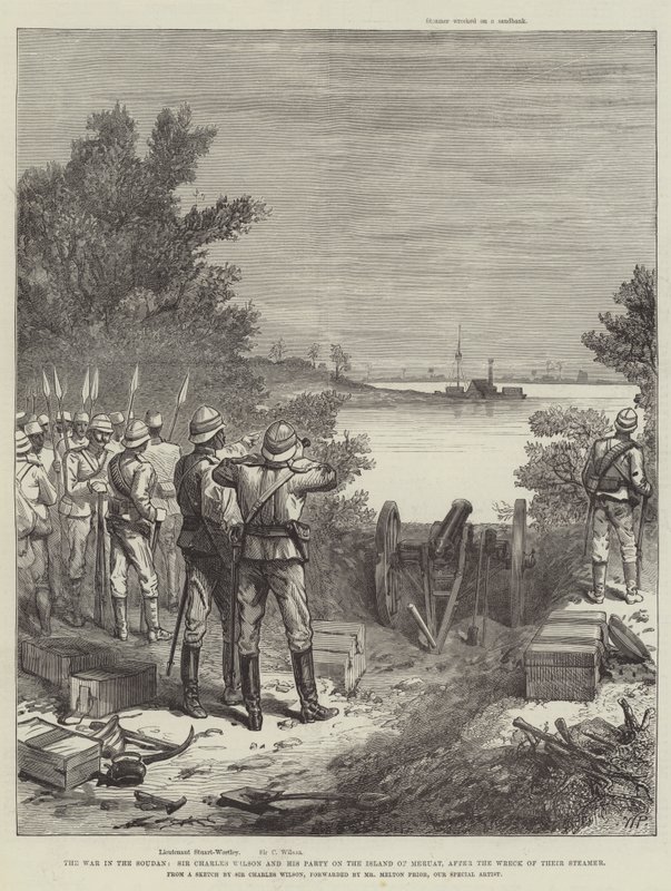 De Oorlog in de Soedan, Sir Charles Wilson en zijn Partij op het Eiland Meruat, na het Wrak van hun Stoomboot door Walter Paget