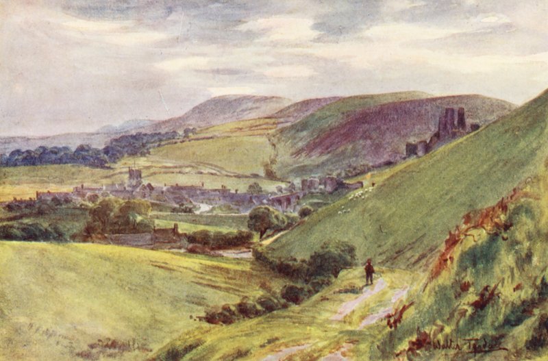 Wessex: Corfe Castle vanaf Nine Barrow Down door Walter Frederick Roofe Tyndale