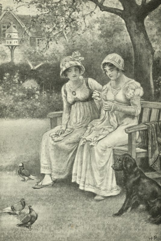 Jane Austen, naaiend, met haar zus Cassandra in de pastorie tuin door Walter Paget