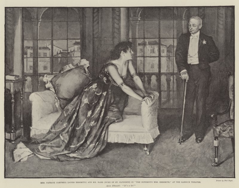 Mevrouw Patrick Campbell (Agnes Ebbsmith) en Meneer Hare (Hertog van St Olpherts) in The Notorious Mrs Ebbsmith, in het Garrick Theatre door Walter Paget