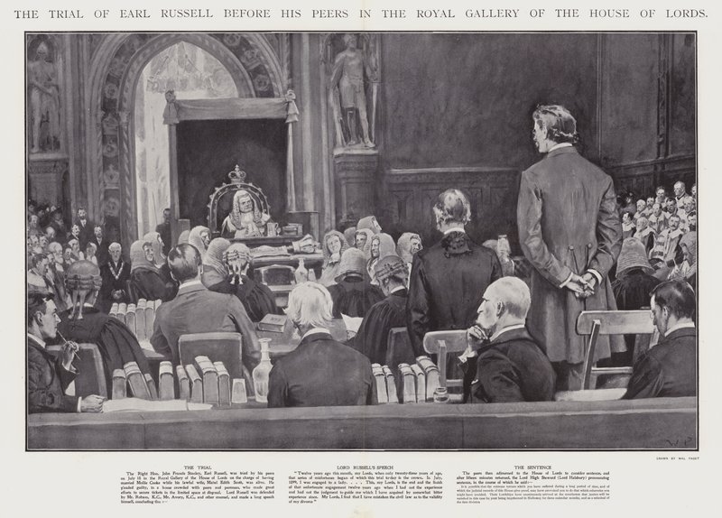 Het proces van graaf Russell voor zijn gelijken in de Koninklijke Galerij van het Hogerhuis, Westminster (litho) door Walter Paget