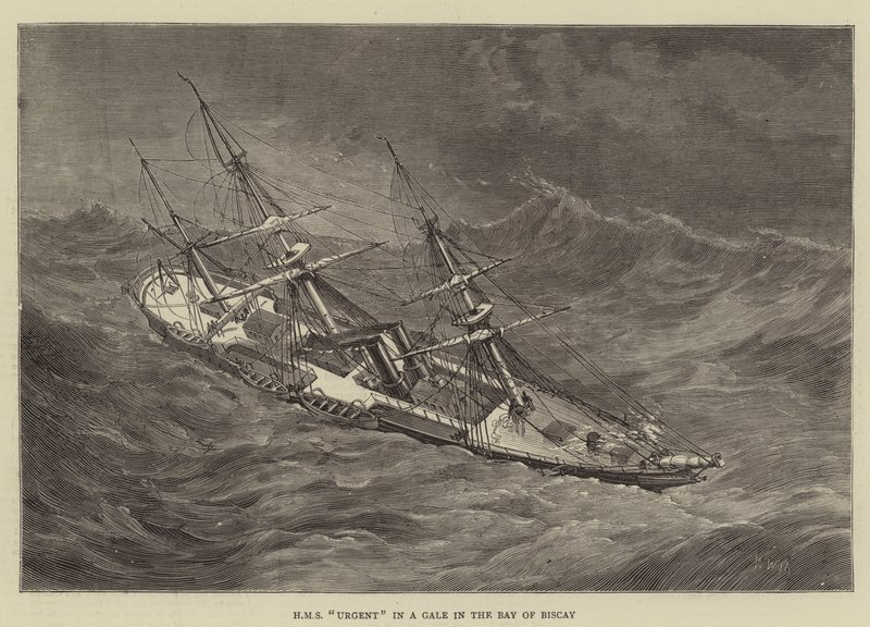 HMS Urgent in een storm in de Golf van Biskaje door Walter William May