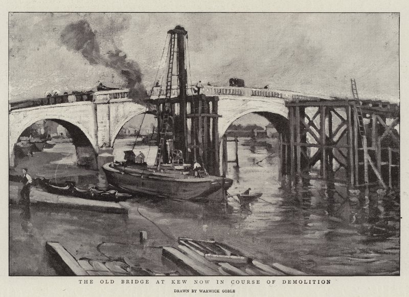 De oude brug bij Kew nu in afbraak door Warwick Goble