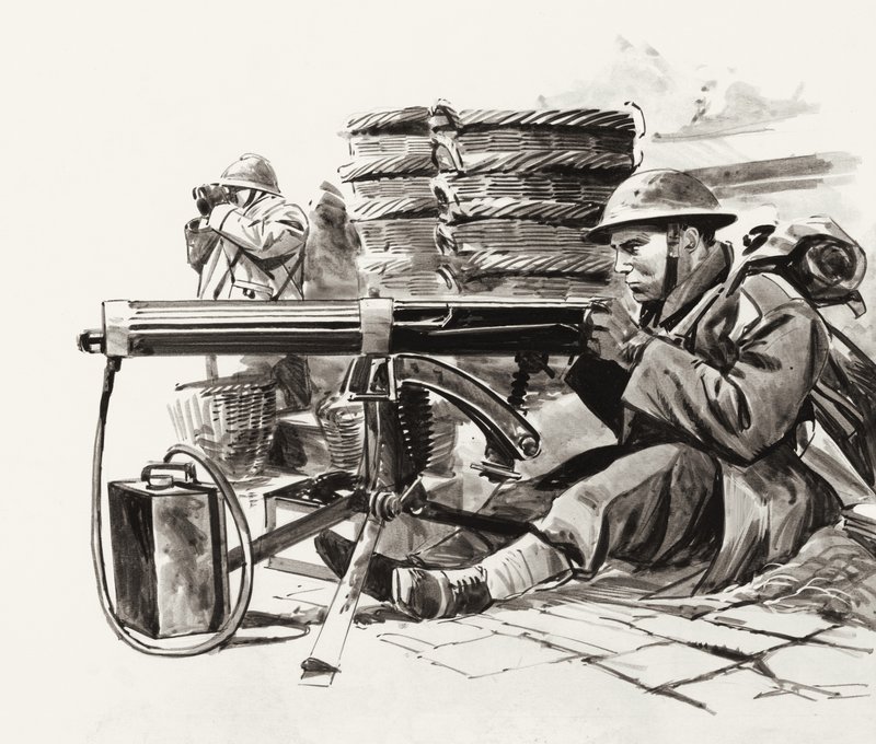 Britse mitrailleurschutter wacht op de Duitsers buiten Duinkerken (gouache op papier) door Wilf (20th century) Hardy