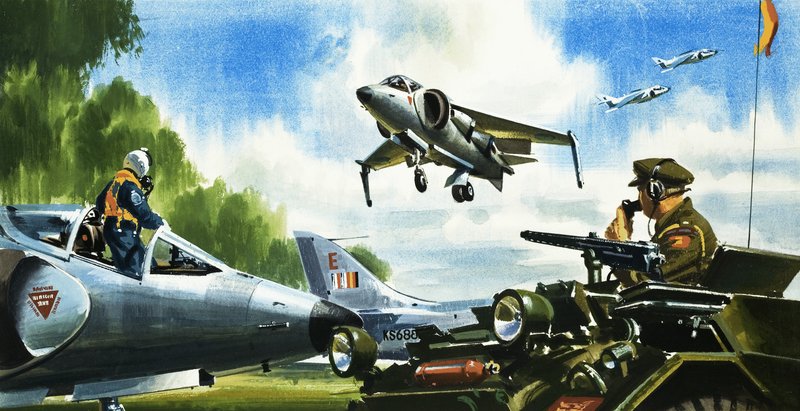 Kijk - geen landingsbaan. De nieuwste ontwikkelingen op het gebied van vliegtuigen. De Harrier Sprongstraaljager door Wilf (20th century) Hardy