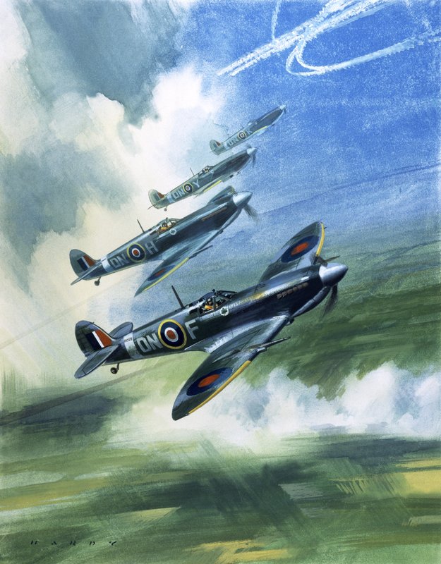 Patrouillerende vlucht van 416 Squadron, Royal Canadian Air Force, Spitfire Mark 9s (gouache op papier) door Wilf (20th century) Hardy