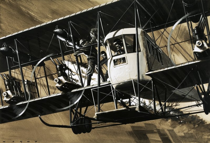 Twee bemanningsleden tussen de draden en stutten van een Ilia Mourometz II bommenwerper blussen een motorbrand door Wilf (20th century) Hardy