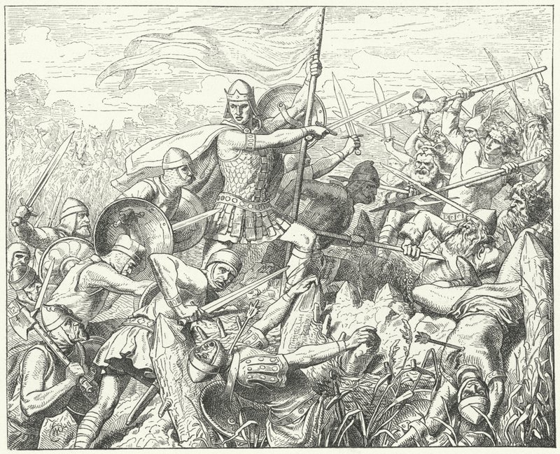 Arnulf van Karinthië bestormt de Normandische verdediging aan de rivier de Dyle, 891 door Wilhelm Camphausen