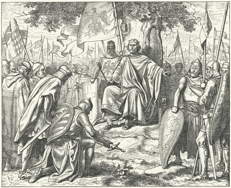 Onderwerping van de Saksische prinsen aan de Heilige Roomse Keizer Hendrik IV in Spira na hun nederlaag in de Slag bij Langensalza door Wilhelm Camphausen