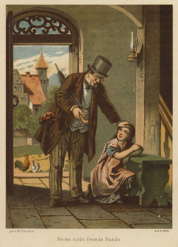Vader troost zijn dochter nadat ze de gevolgen van het plagen van een hond heeft ondervonden door Wilhelm Ludwig Heinrich Claudius