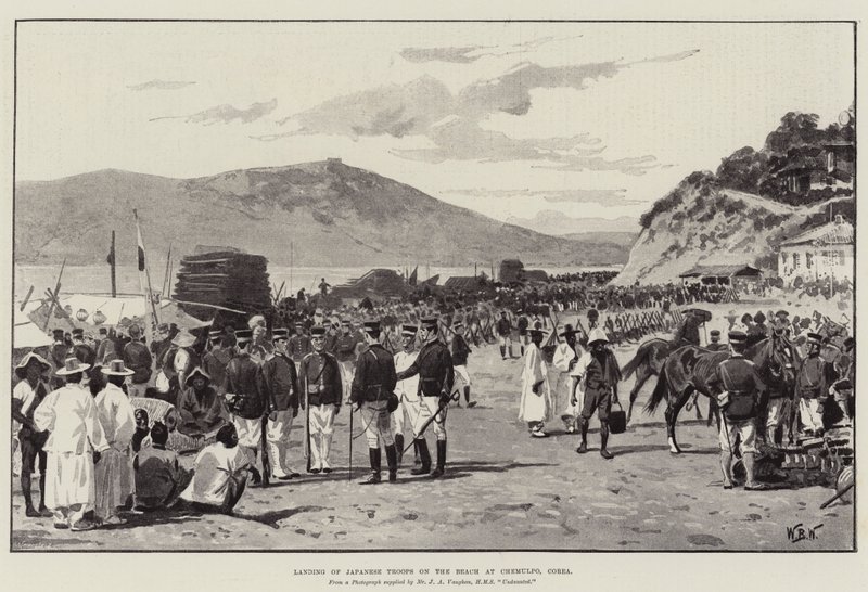 Landing van Japanse troepen op het strand bij Chemulpo, Korea door William Barnes Wollen