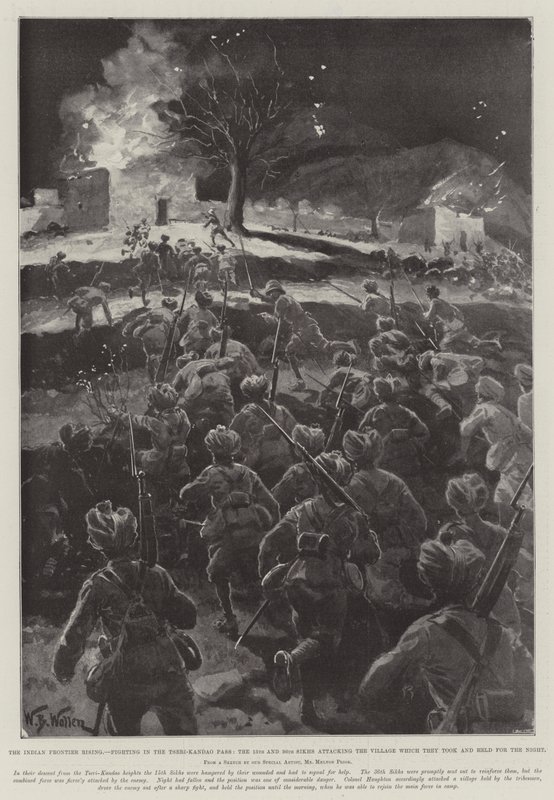 De Opstand aan de Indiase Grens, Gevechten in de Tseri-Kandao Pas, de 15e en 36e Sikhs vallen het Dorp aan dat ze innamen en voor de Nacht hielden door William Barnes Wollen