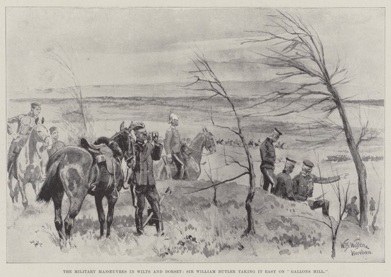 De militaire manoeuvres in Wilts en Dorset, Sir William Butler neemt het rustig aan op Gallons Hill door William Barnes Wollen