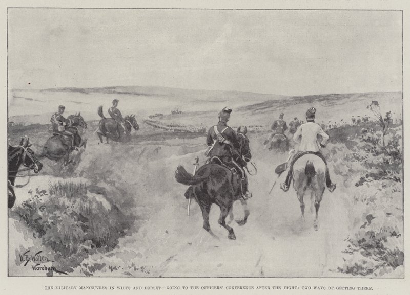 De militaire manoeuvres in Wilts en Dorset, op weg naar de officierenconferentie na het gevecht, twee manieren om er te komen door William Barnes Wollen