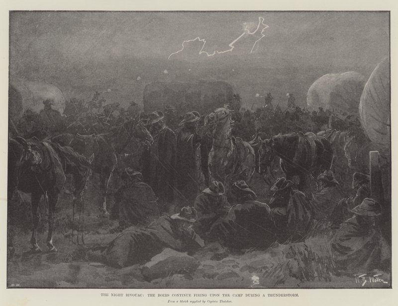 Het Nachtbivak, de Boeren blijven het Kamp beschieten tijdens een Onweersbui door William Barnes Wollen