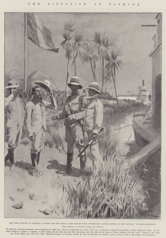 De situatie in Fashoda, de eerste landing in Fashoda, wachtend op de Sirdar, Lord Edward Cecil introduceert kapitein Keppel, van de Sultan, aan majoor Marchand door William Barnes Wollen