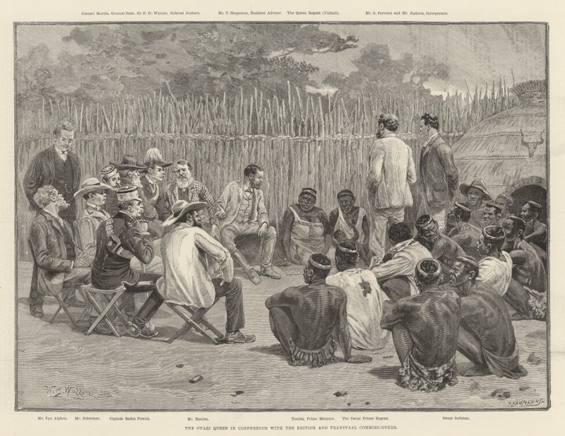 De Swazi-koningin in overleg met de Britse en Transvaalse commissarissen door William Barnes Wollen