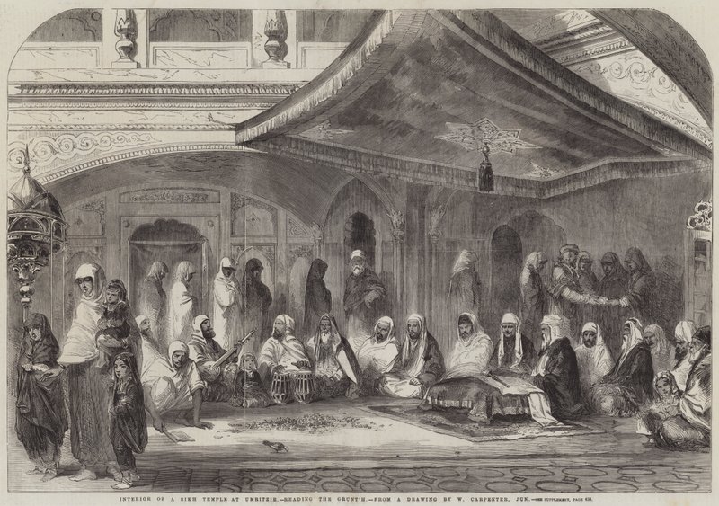 Interieur van een Sikh Tempel in Umritzir, lezen van de Grunt