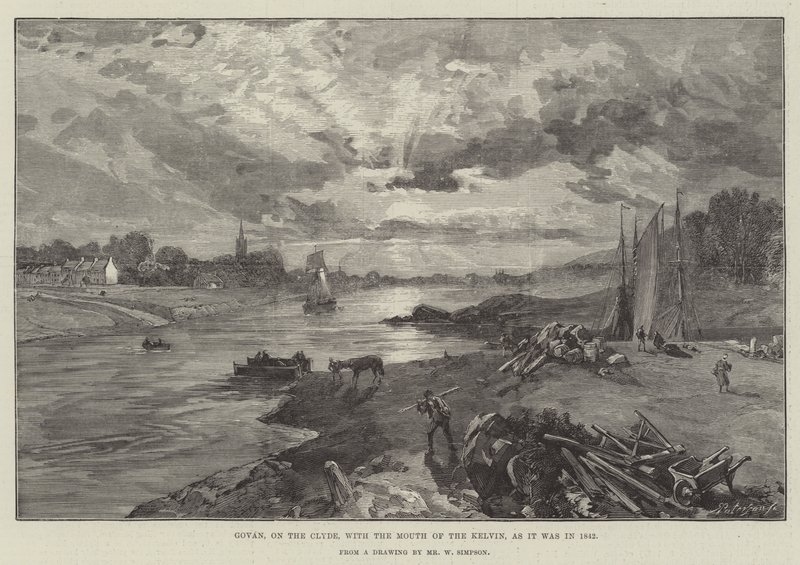 Govan, aan de Clyde, met de monding van de Kelvin, zoals het was in 1842 door William Crimea Simpson