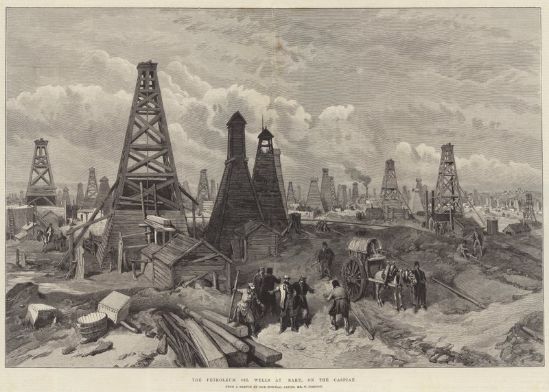 De aardoliebronnen in Bakoe, aan de Kaspische Zee door William Crimea Simpson