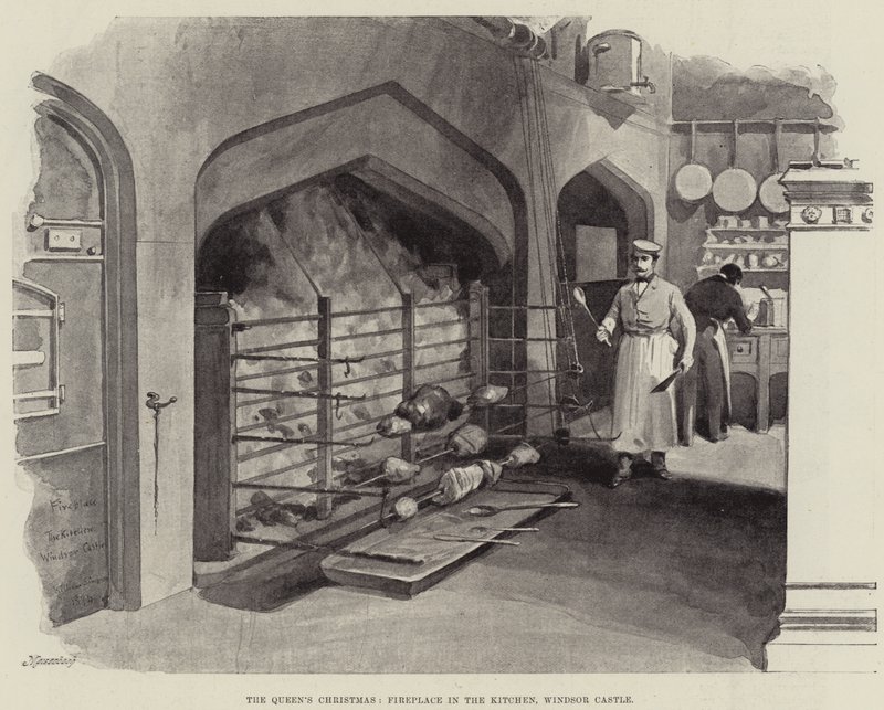 De kerst van de koningin, open haard in de keuken, Windsor Castle door William Crimea Simpson