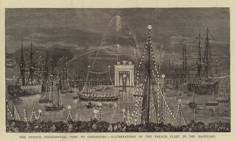 Het Franse presidentiële bezoek aan Cherbourg, verlichting van de Franse vloot in de werf door William Edward Atkins